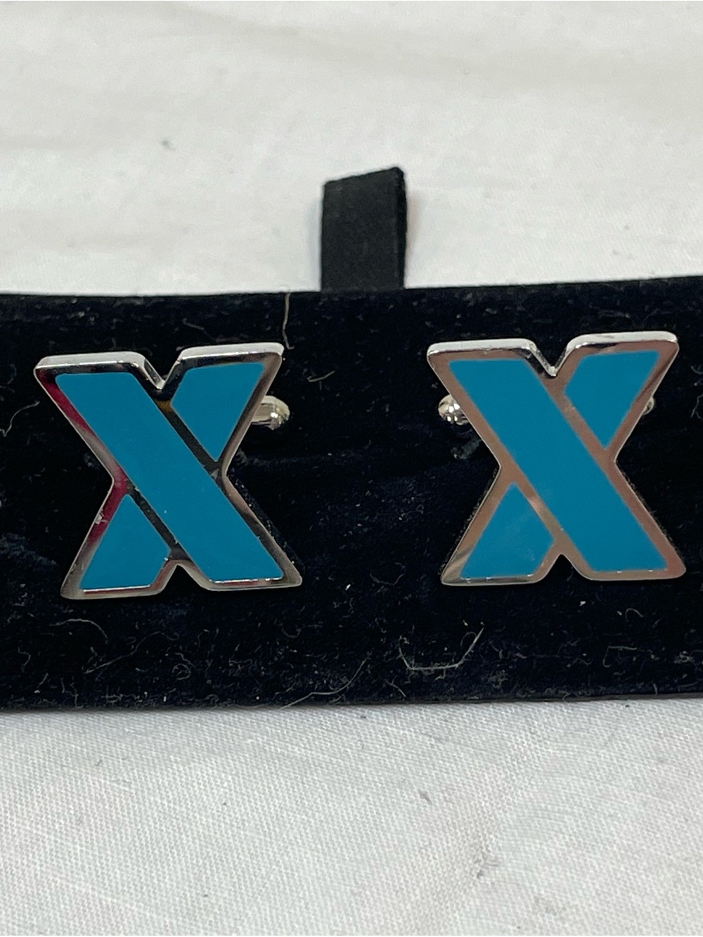 Modern Silver Tone Blue Enamel X-Shaped Cufflinks Set with Display Pad